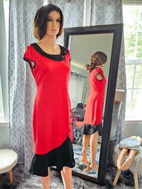 Nice‑Forever Red & Black Retro Color‑Block Fishtail Bodycon Dress – Size 8